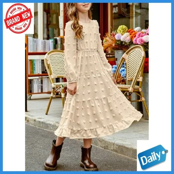 Girls Long Sleeve Maxi Dress with Pockets Polka Dot Tiered Hem 6-15Y